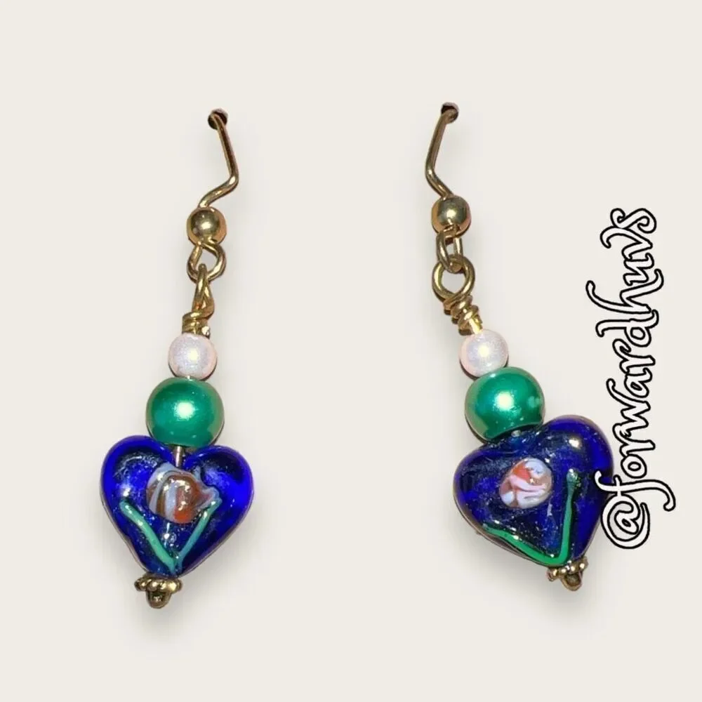 Bundle Sale 3 for $15 | Handmade Blue Glass Heart Earrings with Beads